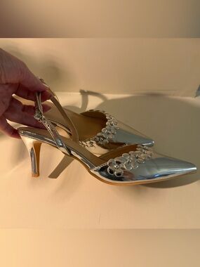 Silver Floral Slingback Heels for Women